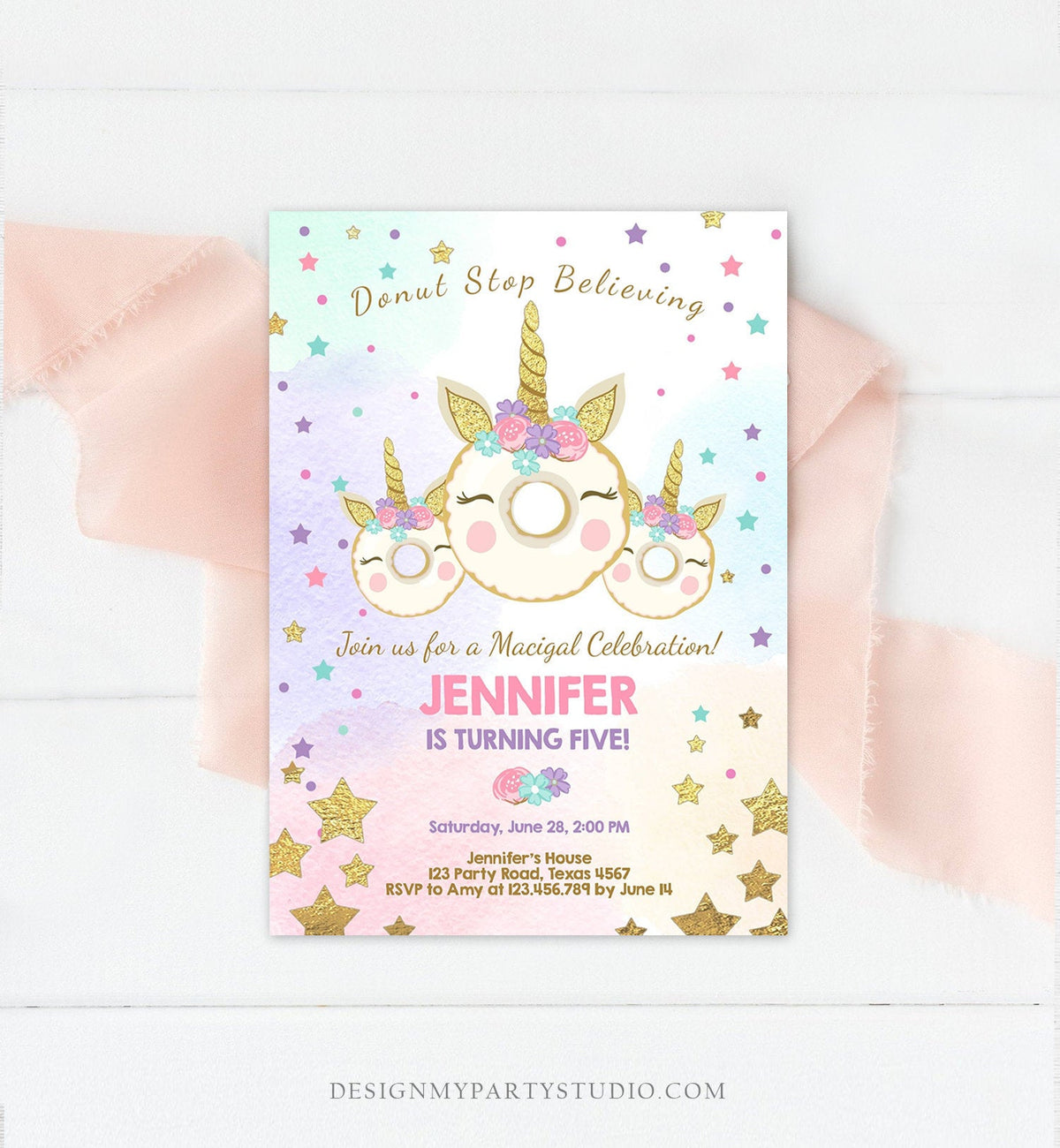 Editable Donut Unicorn Birthday Invitation Donut Stop Believing Magical Rainbow Party Doughnut Girl Pink Gold Corjl Template Printable 0041