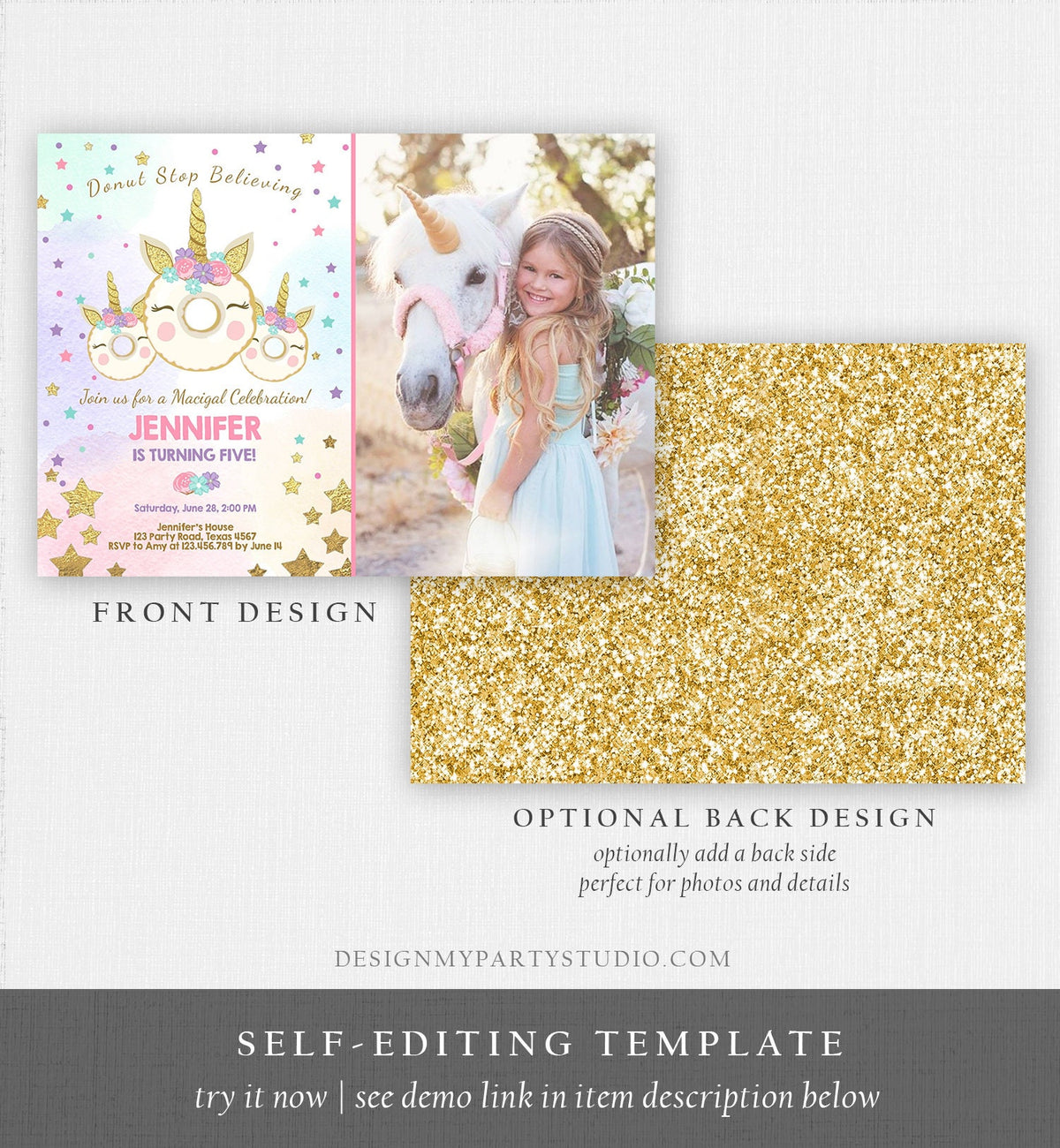 Editable Donut Unicorn Birthday Invitation Donut Stop Believing Magical Rainbow Party Doughnut Girl Pink Gold Corjl Template Printable 0041