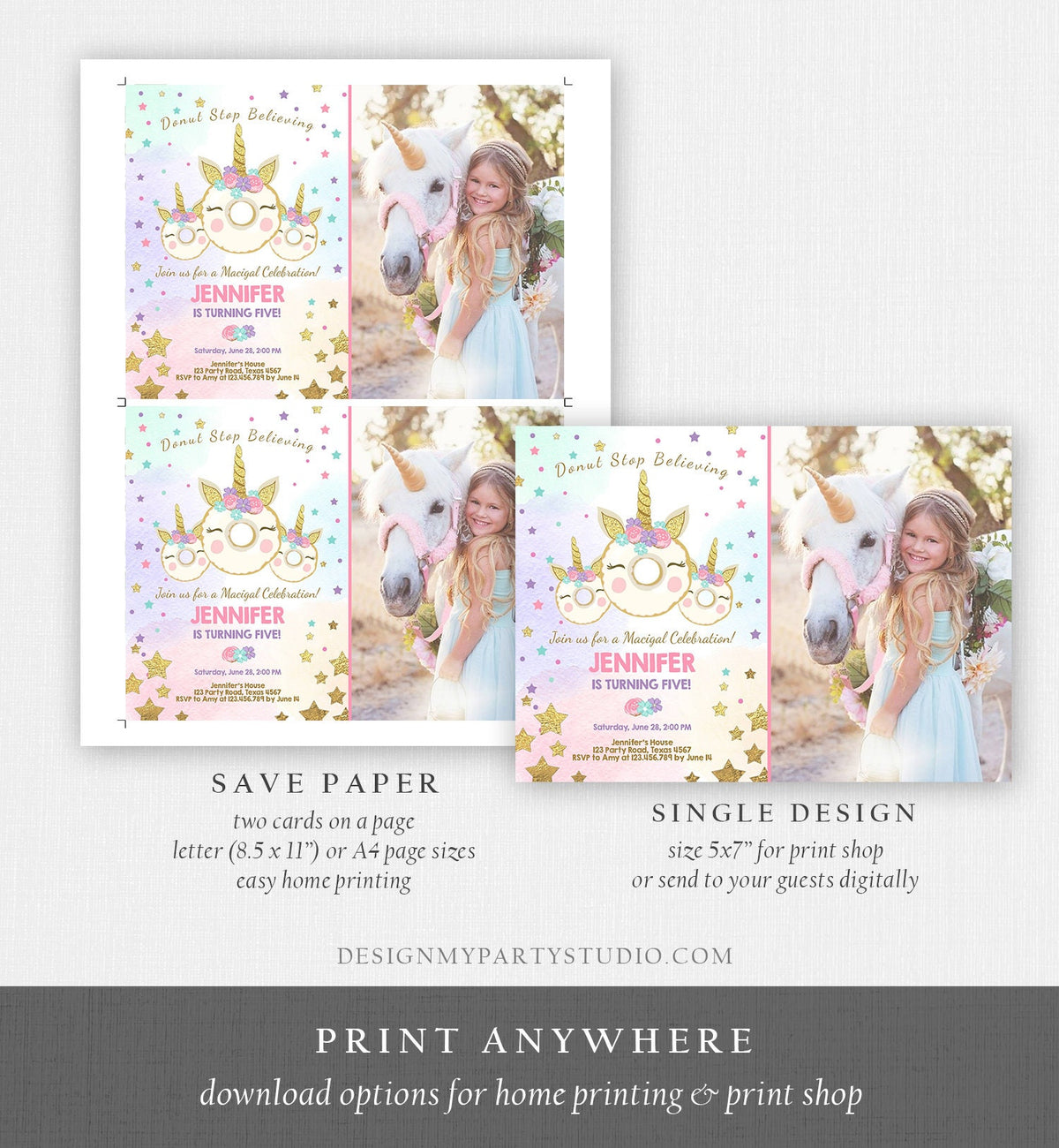 Editable Donut Unicorn Birthday Invitation Donut Stop Believing Magical Rainbow Party Doughnut Girl Pink Gold Corjl Template Printable 0041