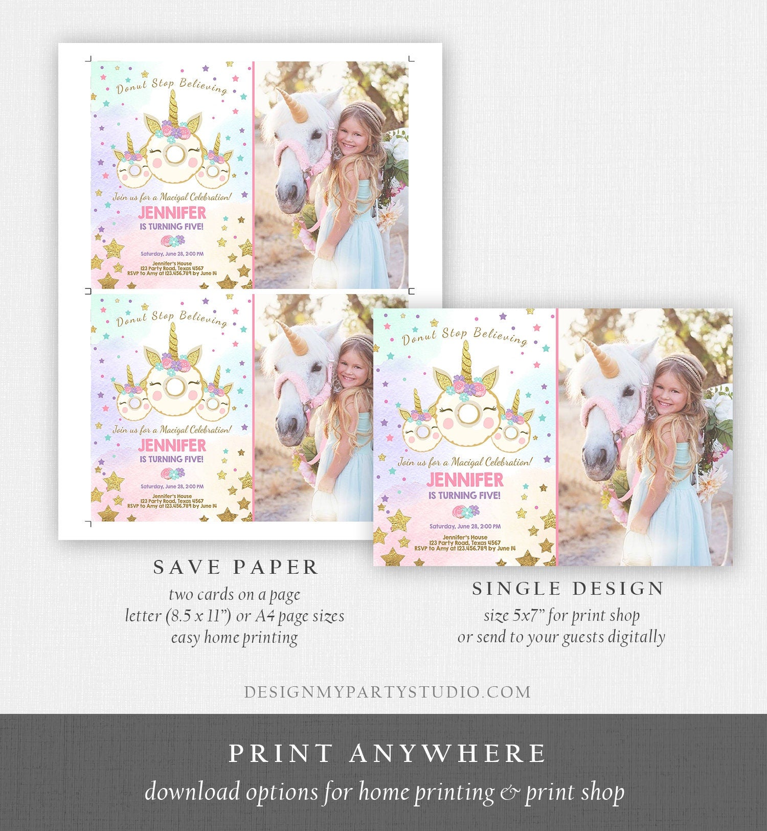 Editable Donut Unicorn Birthday Invitation Donut Stop Believing Magical Rainbow Party Doughnut Girl Pink Gold Corjl Template Printable 0041