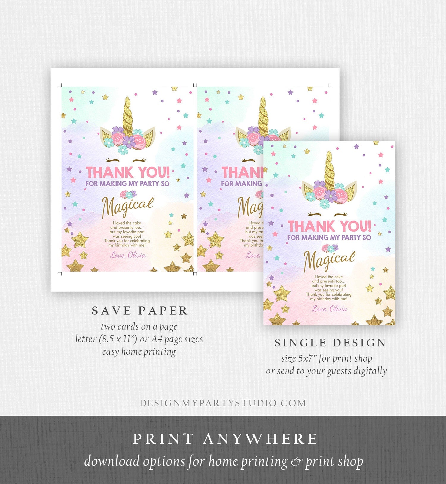 Editable Unicorn Thank You Card Girl Birthday Thank You Note Pink Gold Magical Party Baby Shower Download Corjl Template Printable 0041
