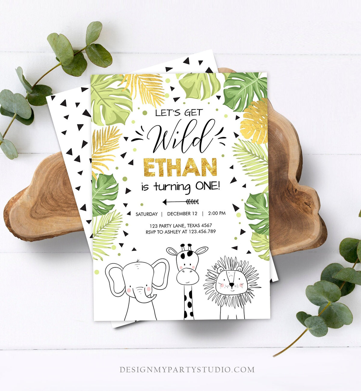 Editable Safari Animals Birthday Invitation Boy Girl First Birthday Let&#39;s Get Wild One Jungle Zoo Animals Black Modern Corjl Template 0039