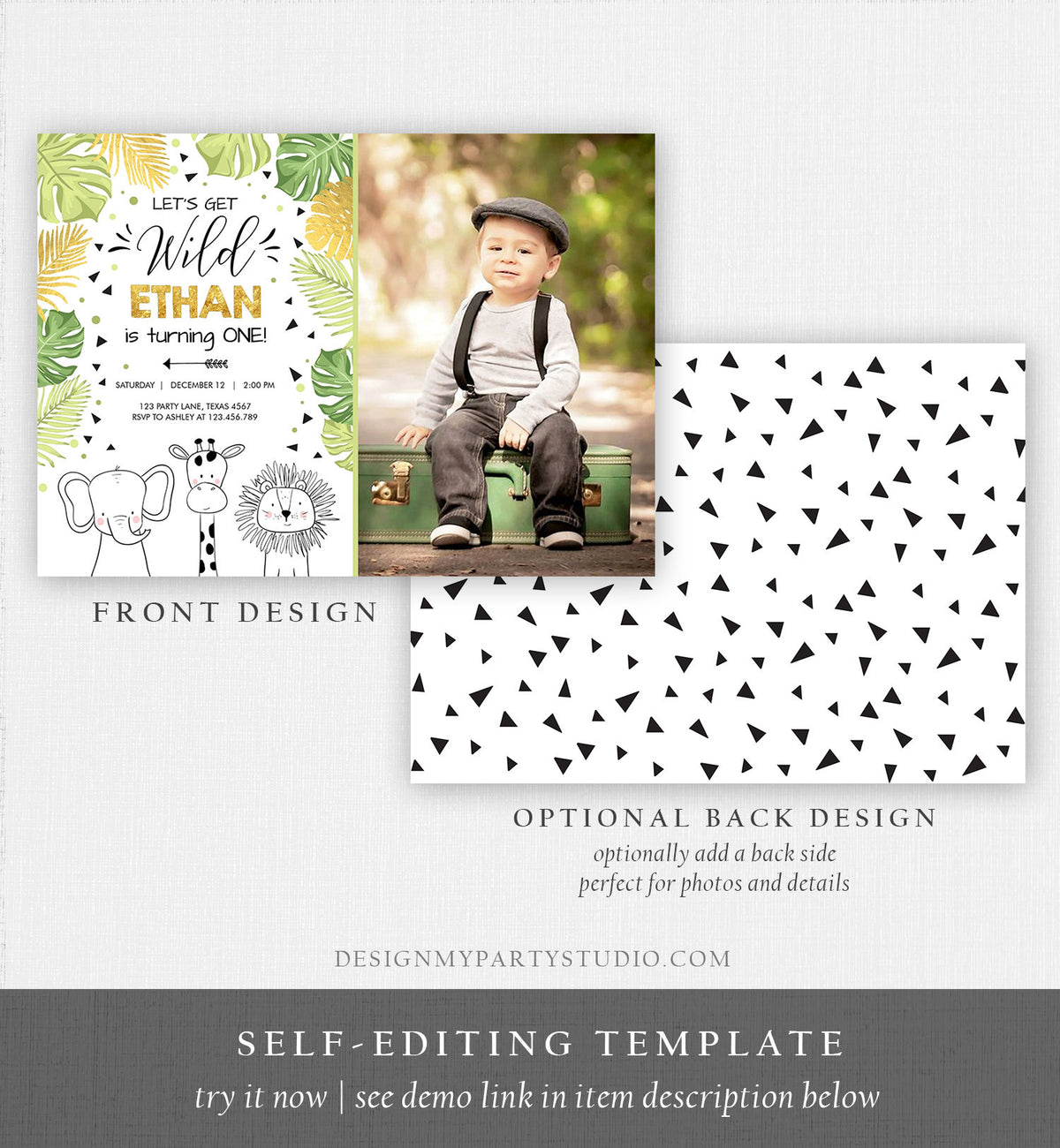 Editable Safari Animals Birthday Invitation Boy Girl First Birthday Let&#39;s Get Wild One Jungle Zoo Animals Black Modern Corjl Template 0039