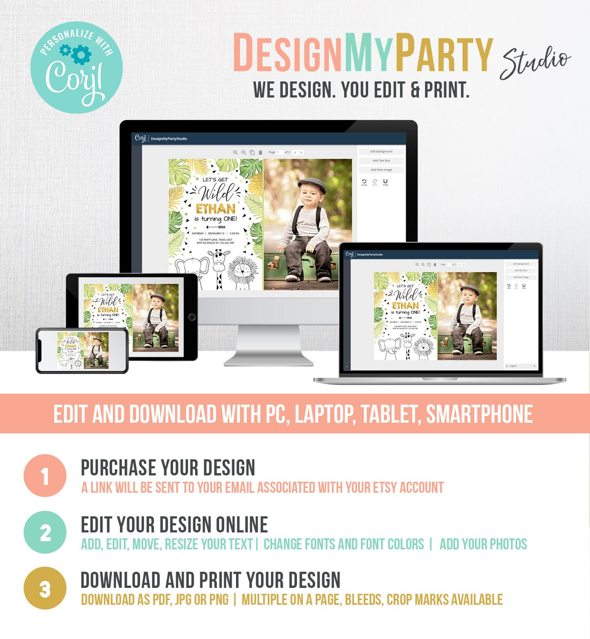 Editable Safari Animals Birthday Invitation Boy Girl First Birthday Let&#39;s Get Wild One Jungle Zoo Animals Black Modern Corjl Template 0039