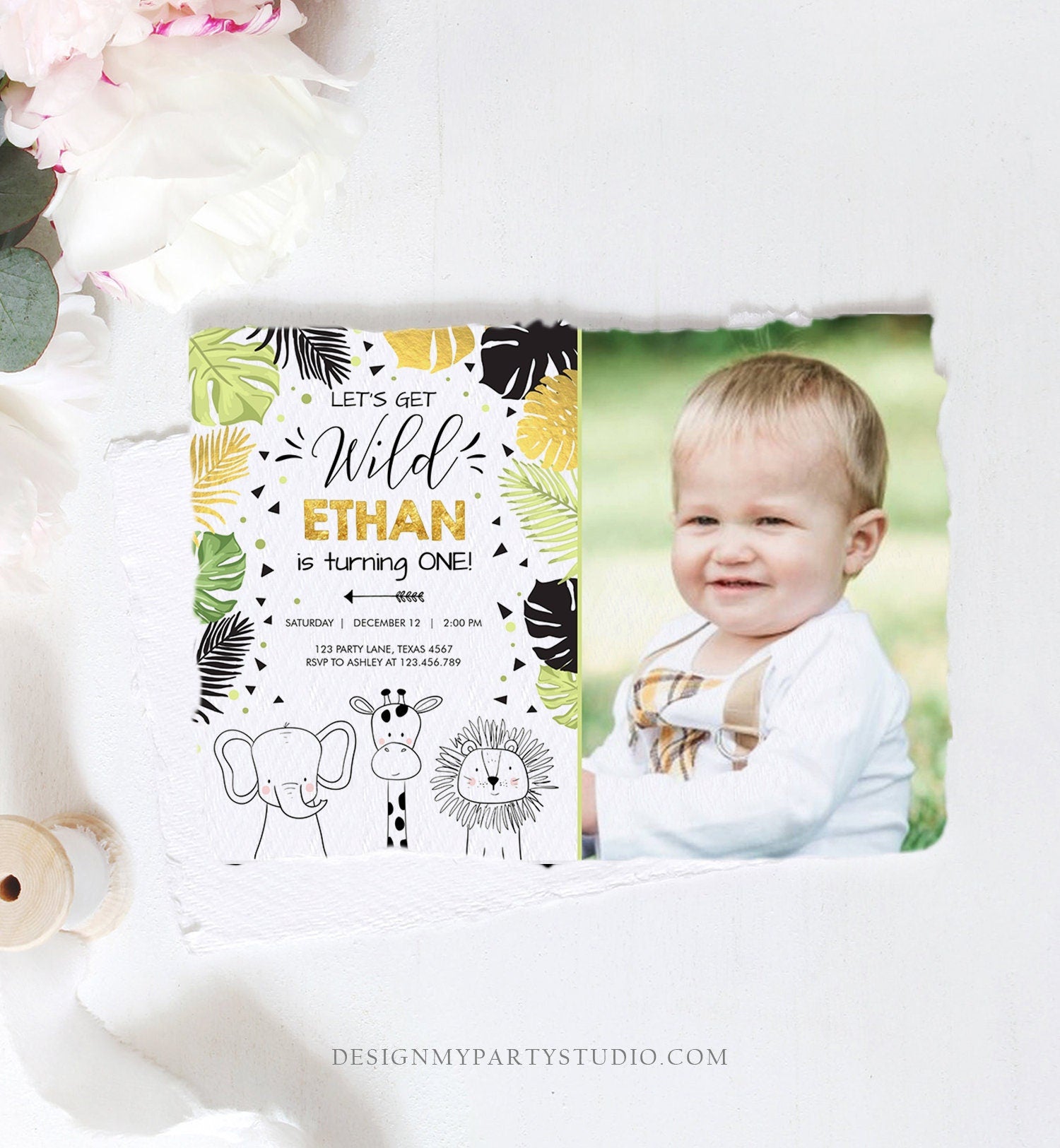 Editable Safari Animals Birthday Invitation Boy Girl First Birthday Let's Get Wild One Jungle Zoo Animals Black Modern Corjl Template 0039