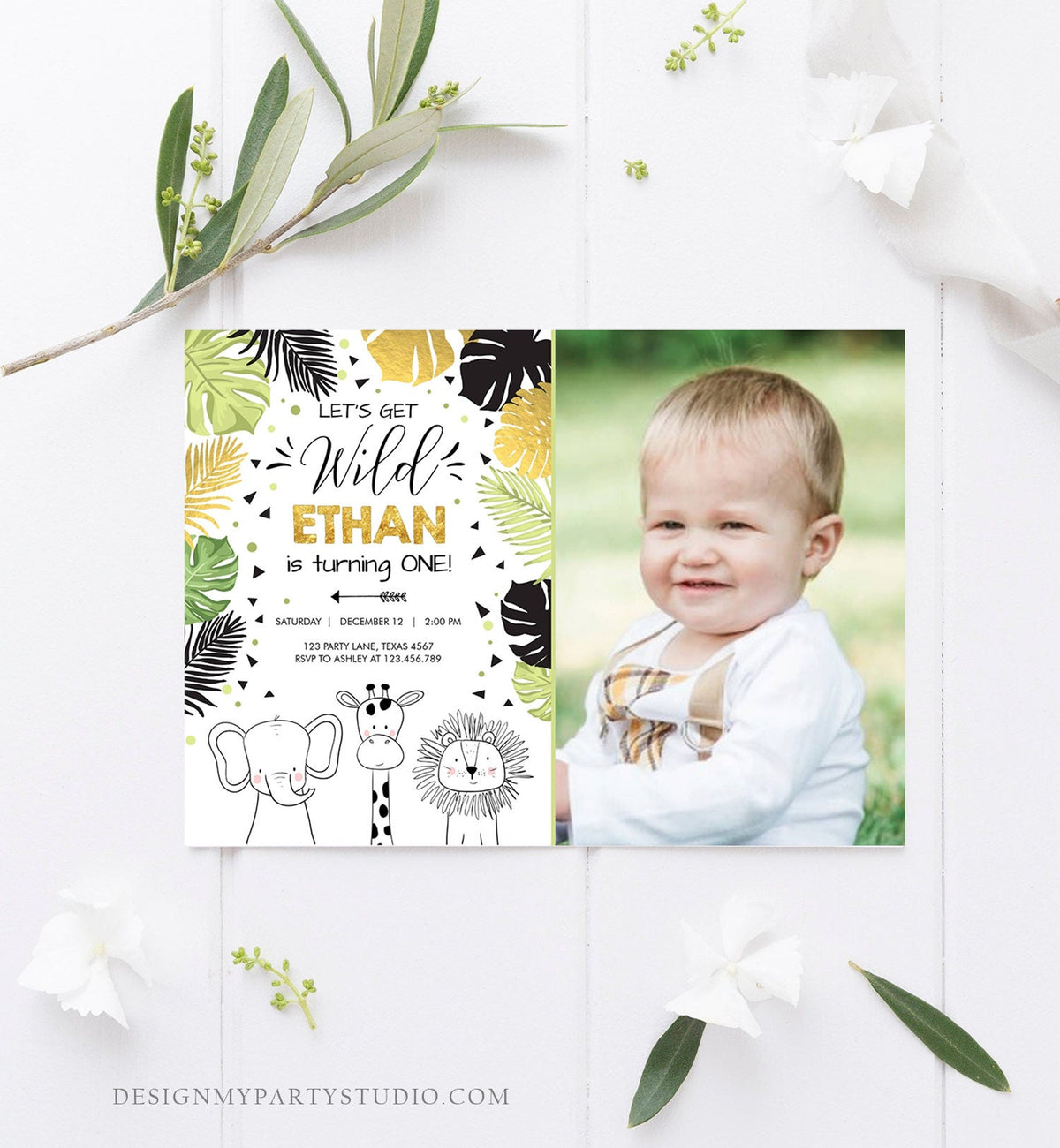 Editable Safari Animals Birthday Invitation Boy Girl First Birthday Let&#39;s Get Wild One Jungle Zoo Animals Black Modern Corjl Template 0039