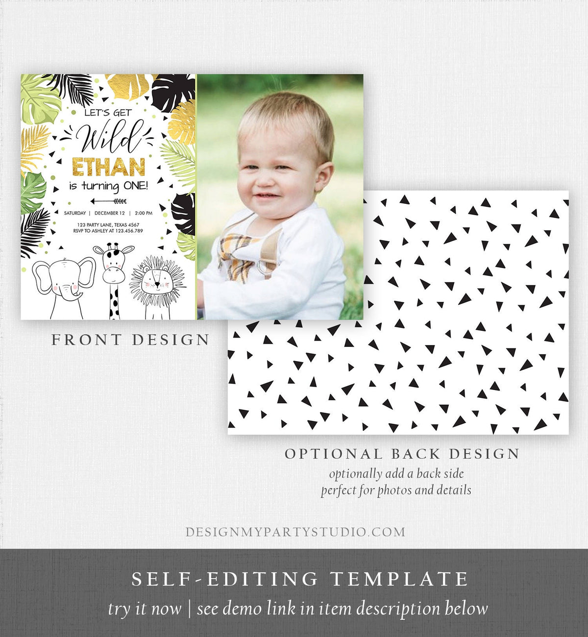 Editable Safari Animals Birthday Invitation Boy Girl First Birthday Let&#39;s Get Wild One Jungle Zoo Animals Black Modern Corjl Template 0039