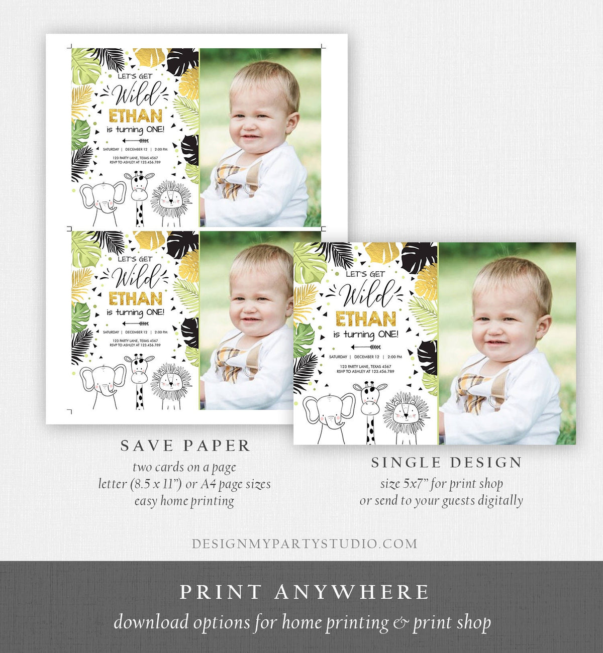 Editable Safari Animals Birthday Invitation Boy Girl First Birthday Let&#39;s Get Wild One Jungle Zoo Animals Black Modern Corjl Template 0039