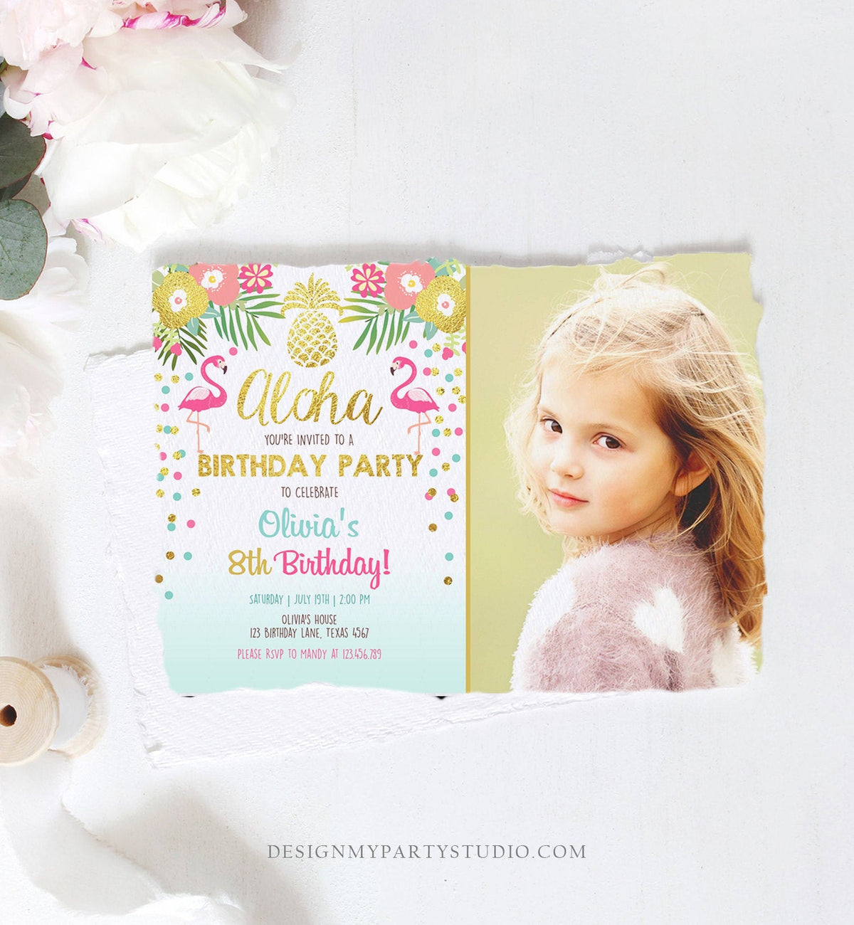 Editable Aloha Birthday Invitation Tropical Flamingo Luau Party Leaves Confetti Pink Gold Pineapple Hawaiian Corjl Template Printable 0200