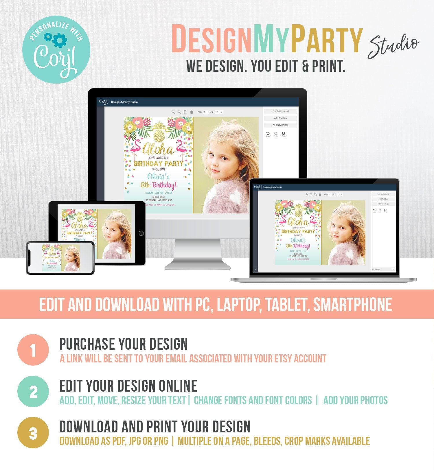 Editable Aloha Birthday Invitation Tropical Flamingo Luau Party Leaves Confetti Pink Gold Pineapple Hawaiian Corjl Template Printable 0200