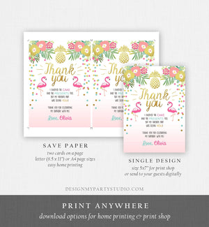 Editable Tropical Aloha Thank You Card Flamingo Birthday Luau Party Leaves Pink Gold Confetti Digital Download Corjl Template Printable 0200