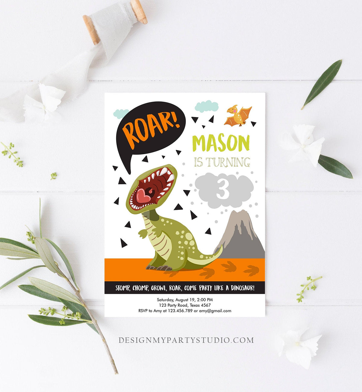 Editable Dinosaur Birthday Invitation Boy T-Rex Dino Party Stomp Chomp Growl Roar Party Like a Dinosaur Prehistoric Corjl Template 0301