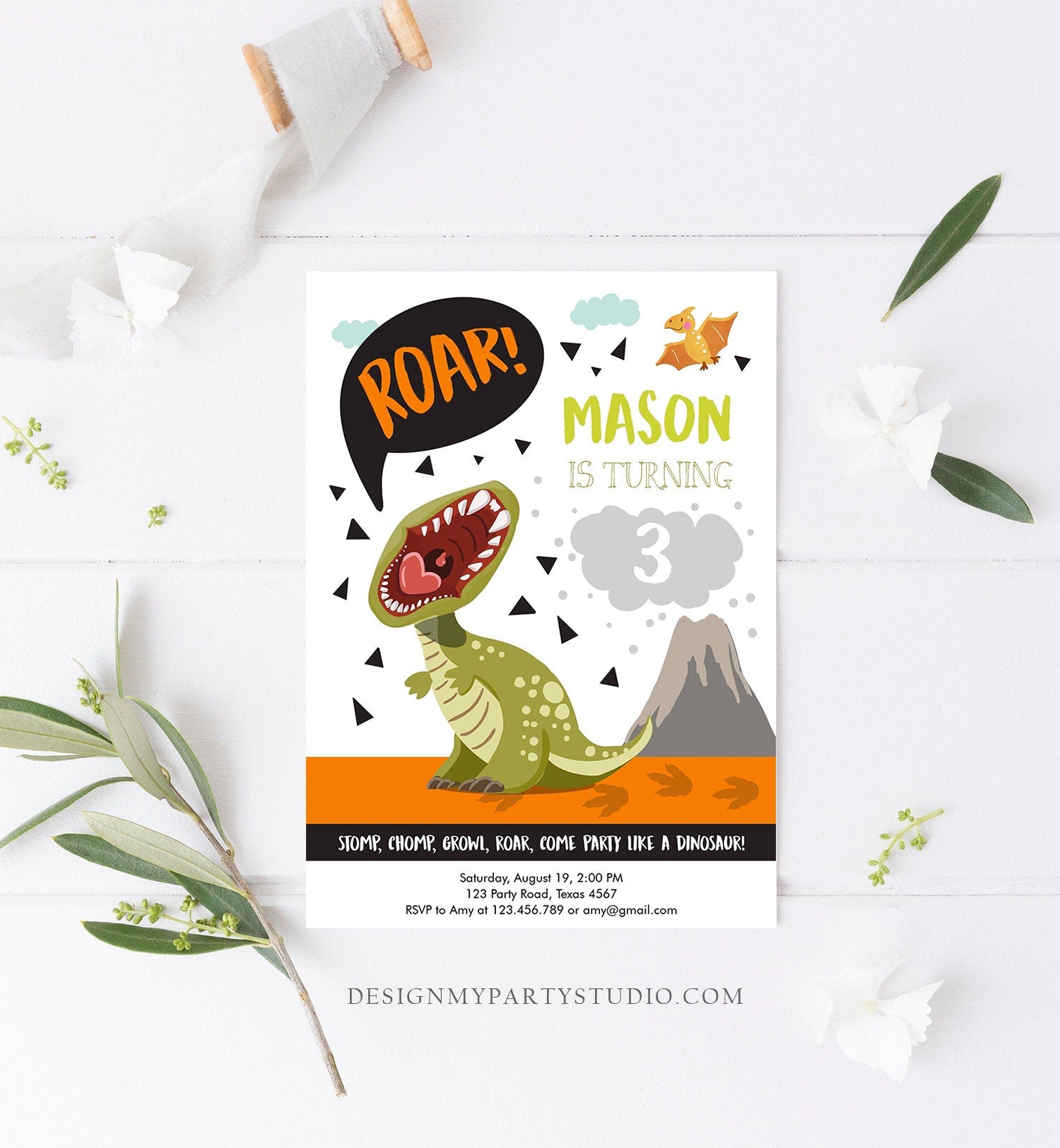 Editable Dinosaur Birthday Invitation Boy T-Rex Dino Party Stomp Chomp Growl Roar Party Like a Dinosaur Prehistoric Corjl Template 0301