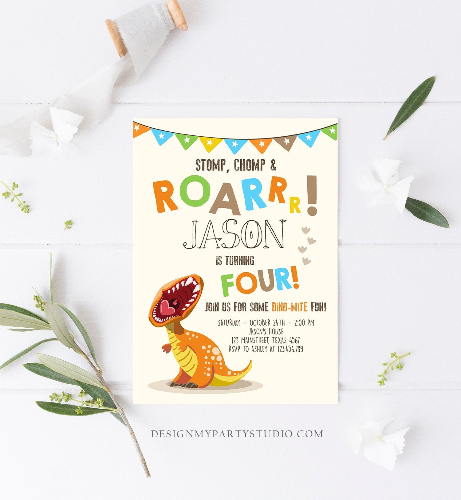 Editable Dinosaur Birthday Invitation Boy T-Rex Dino Party Stomp Chomp Growl Roar Party Like a Dinosaur Prehistoric Corjl Template 0301