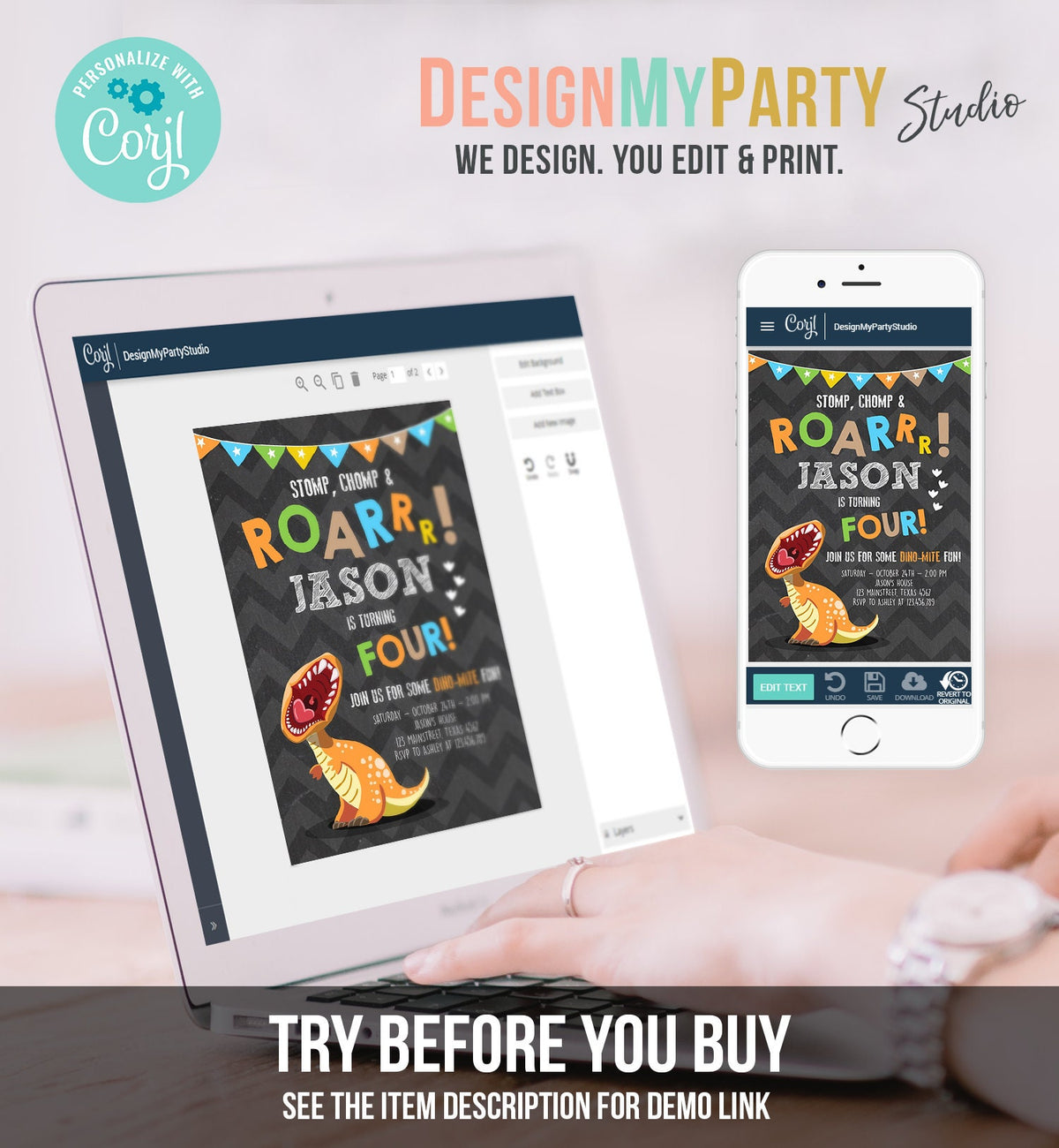 Editable Dinosaur Birthday Invitation Boy T-Rex Dino Party Stomp Chomp Growl Roar Party Like a Dinosaur Prehistoric Corjl Template 0301