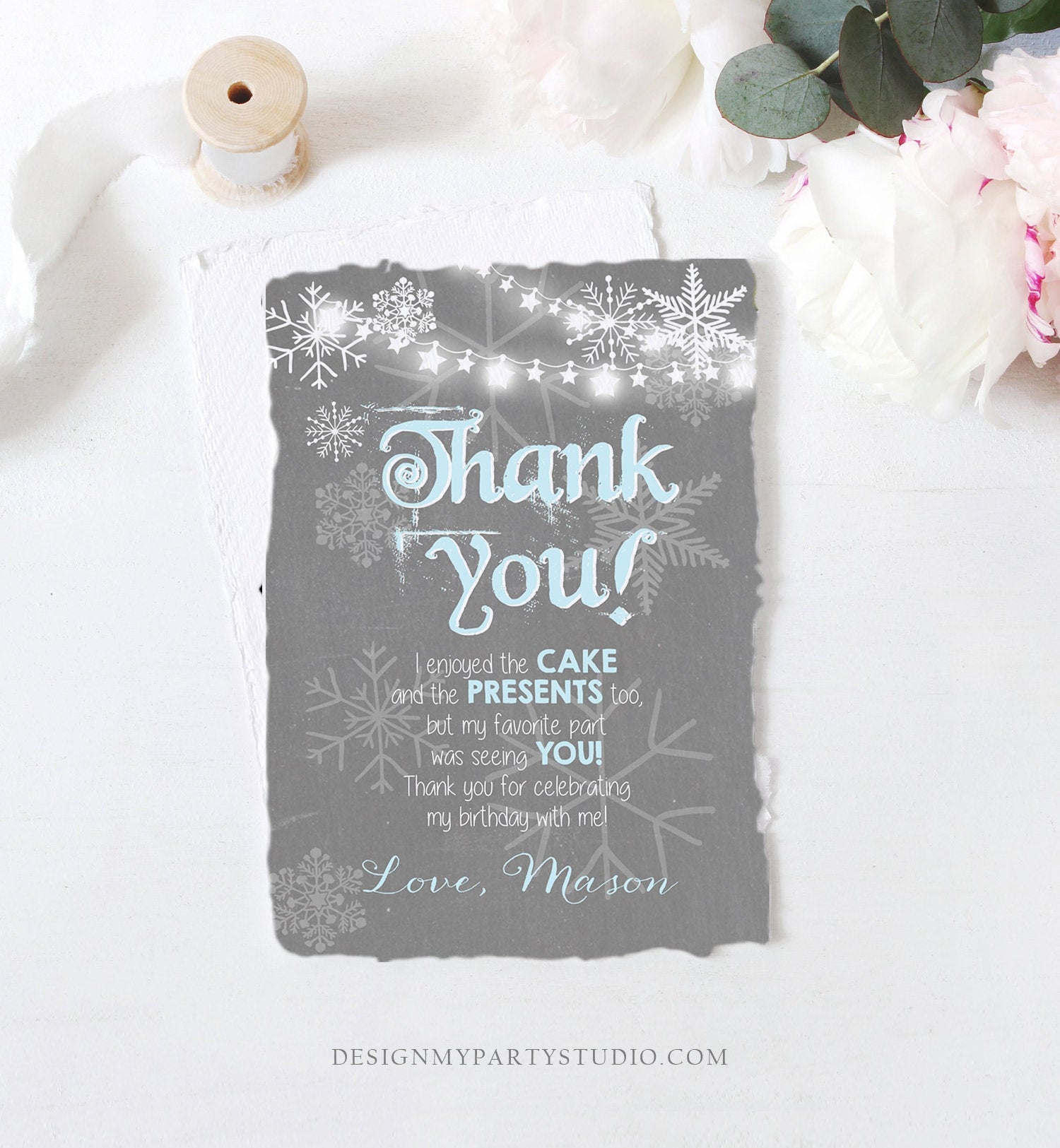 Editable Winter Onederland Thank You Card First Birthday Winter Thank You Note Blue Grey Boy Snowflake 1st Corjl Template Printable 0027