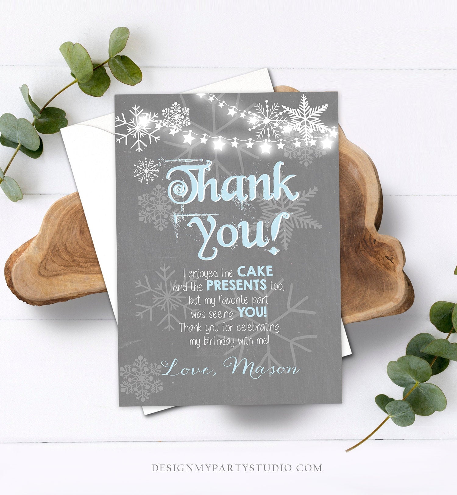 Editable Winter Onederland Thank You Card First Birthday Winter Thank You Note Blue Grey Boy Snowflake 1st Corjl Template Printable 0027