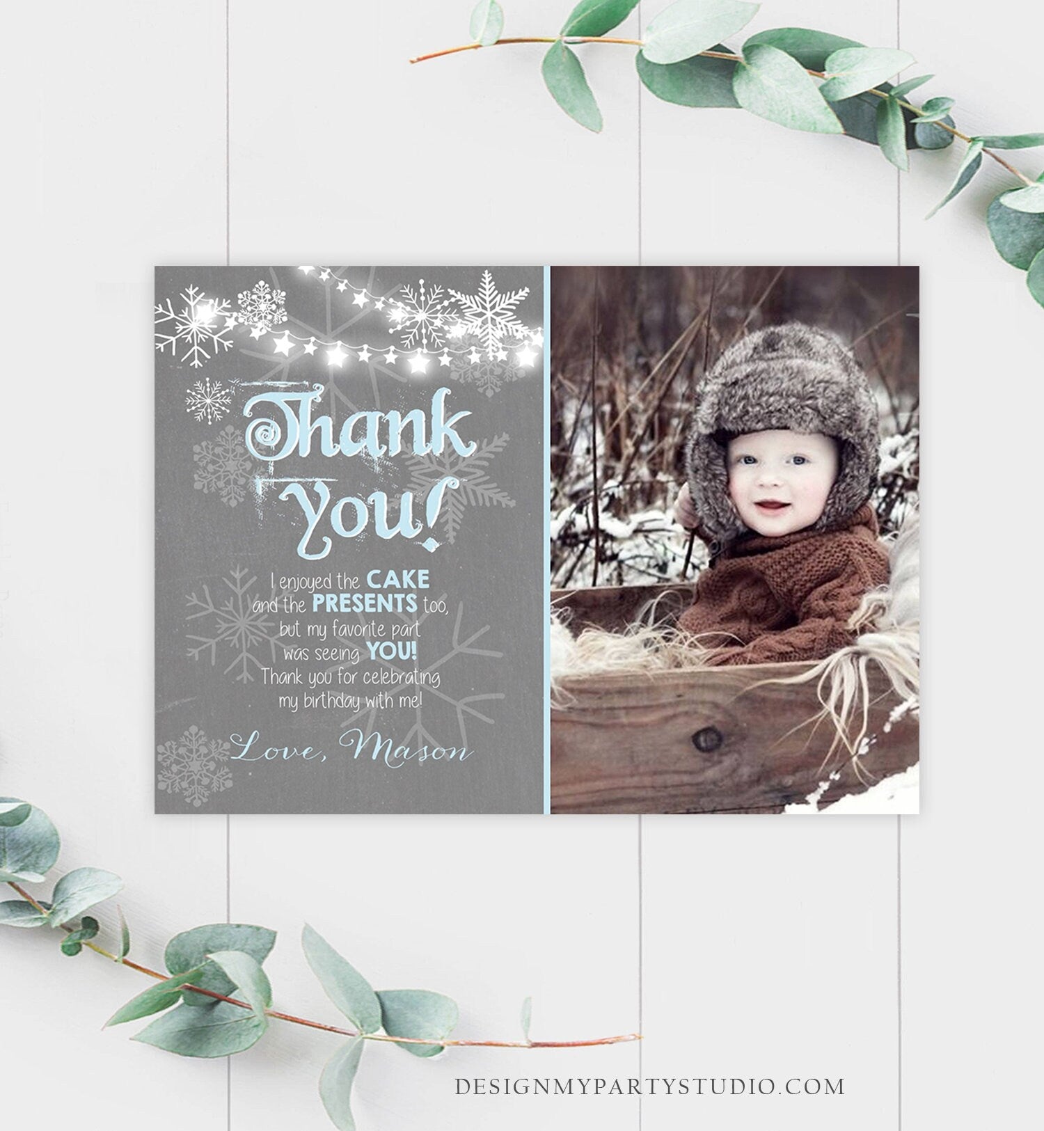 Editable Winter Onederland Thank You Card First Birthday Winter Thank You Note Blue Grey Boy Snowflake 1st Corjl Template Printable 0027