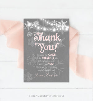 Editable Winter Onederland Thank You Card First Birthday Winter Thank You Note Pink Grey Girl Snowflake 1st Corjl Template Printable 0027