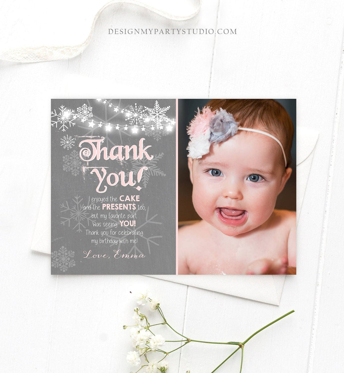 Editable Winter Onederland Thank You Card First Birthday Winter Thank You Note Pink Grey Girl Snowflake 1st Corjl Template Printable 0027