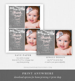 Editable Winter Onederland Thank You Card First Birthday Winter Thank You Note Pink Grey Girl Snowflake 1st Corjl Template Printable 0027