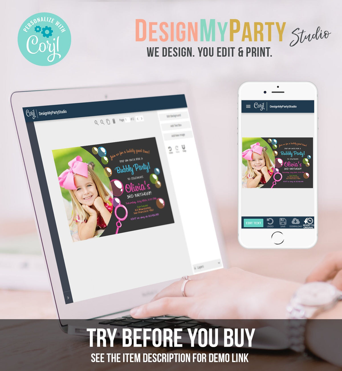 Editable Bubble Birthday Invitation Bubbles Birthday Party Invite Pop Girl Pink Purple Summer Download Printable Template Corjl Digital 0035