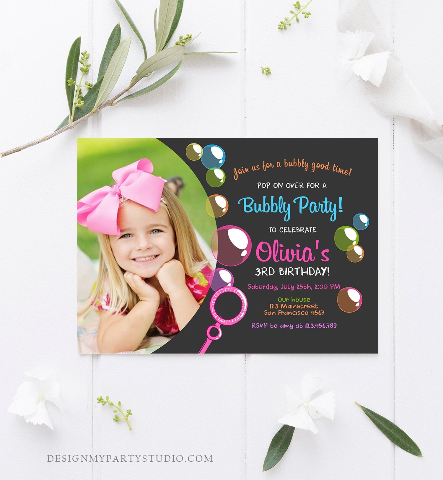 Editable Bubble Birthday Invitation Bubbles Birthday Party Invite Pop Girl Pink Purple Summer Download Printable Template Corjl Digital 0035