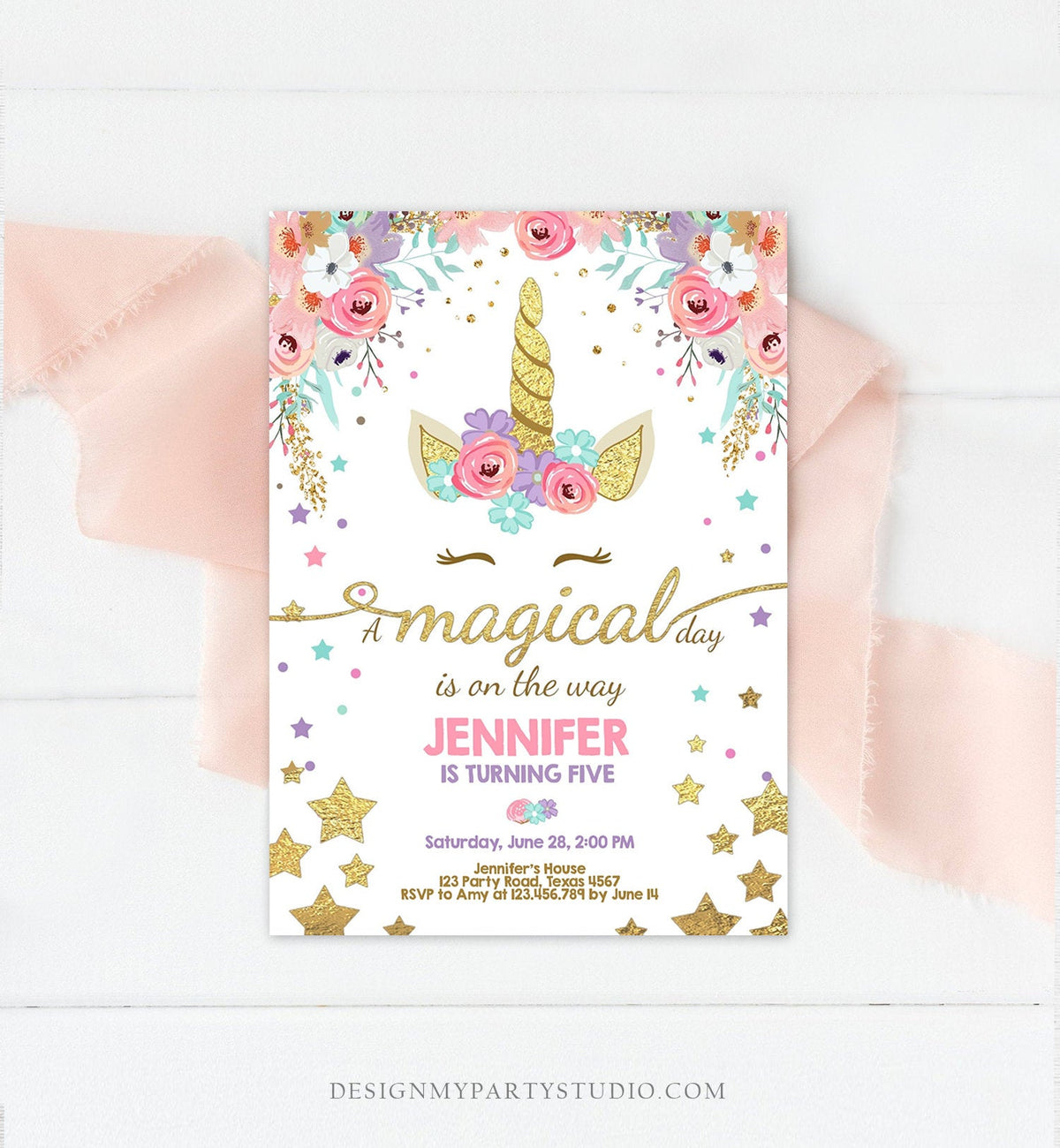 Editable Magical Unicorn Birthday Invitation Magical Day Rainbow Pastel Pink Girl Gold Stars Floral Download Corjl Template Printable 0041