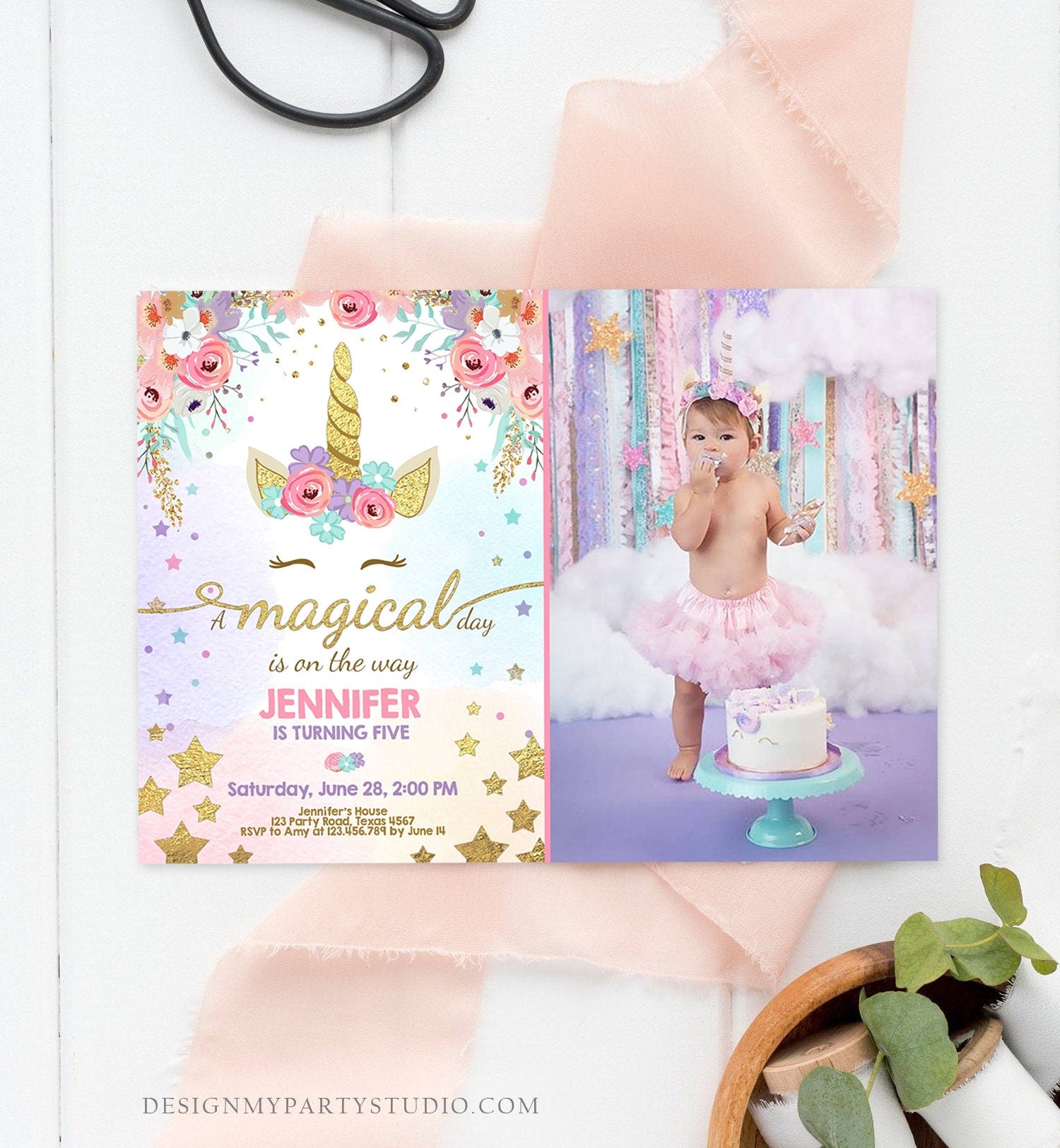 Editable Magical Unicorn Birthday Invitation Magical Day Rainbow Pastel Pink Girl Gold Stars Floral Download Corjl Template Printable 0041