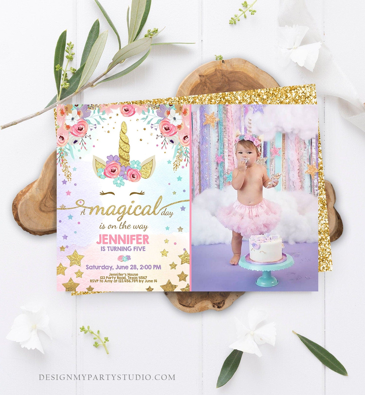 Editable Magical Unicorn Birthday Invitation Magical Day Rainbow Pastel Pink Girl Gold Stars Floral Download Corjl Template Printable 0041