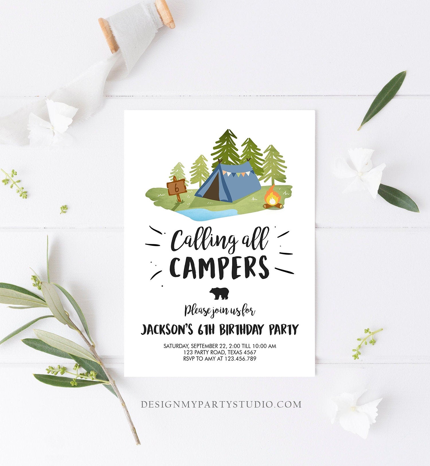 Editable Glamping Party Invitation Camp Out Birthday Invite Bonfire Ou - Design My Party Studio editable-glamping-party-invitation-camp-out-birthday-invite-bonfire-ou-design-my-party-studio
