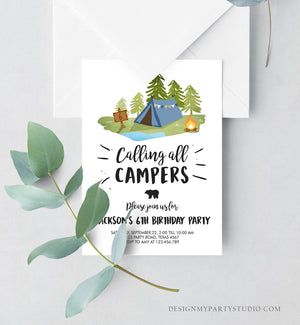 Editable Glamping Party Invitation Camp Out Birthday Invite Bonfire Outdoor Camping Tent Boy Blue Download Printable Template Corjl 0302