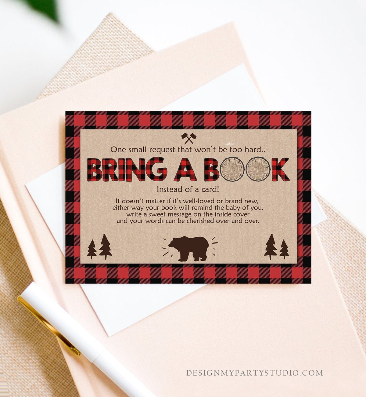 Editable Bring a Book Card Lumberjack Baby Shower Buffalo Plaid Book Insert Books for Baby Book Request Bear Template PRINTABLE Corjl 0026