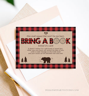 Editable Bring a Book Card Lumberjack Baby Shower Buffalo Plaid Book Insert Books for Baby Book Request Bear Template PRINTABLE Corjl 0026