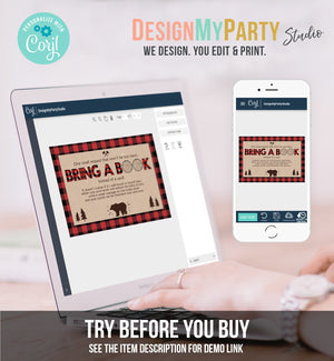 Editable Bring a Book Card Lumberjack Baby Shower Buffalo Plaid Book Insert Books for Baby Book Request Bear Template PRINTABLE Corjl 0026