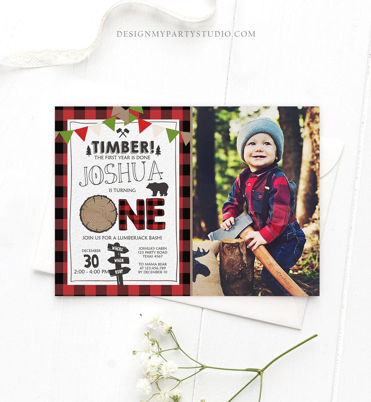 Editable Lumberjack First Birthday Invitation One Lumberjack 1st Birthday Buffalo Plaid Outdoor Bear Boy Printable Corjl Template 0377