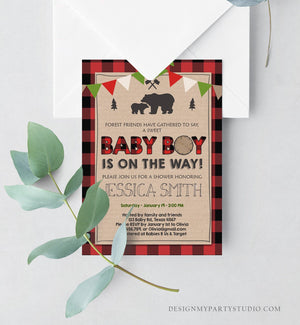 Editable Lumberjack Baby Shower Invitation Baby Boy Buffalo Plaid Rustic Bear Cub Instant Download Printable Template Digital Corjl 0026