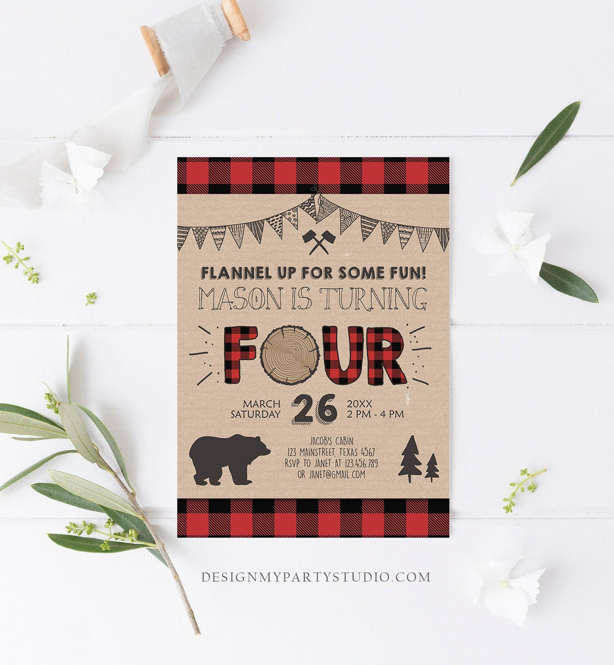 Editable Lumberjack 4th Birthday Invitation Rustic Woodland Bear Forest Buffalo Plaid Four Birthday Printable Template Digital Corjl 0026