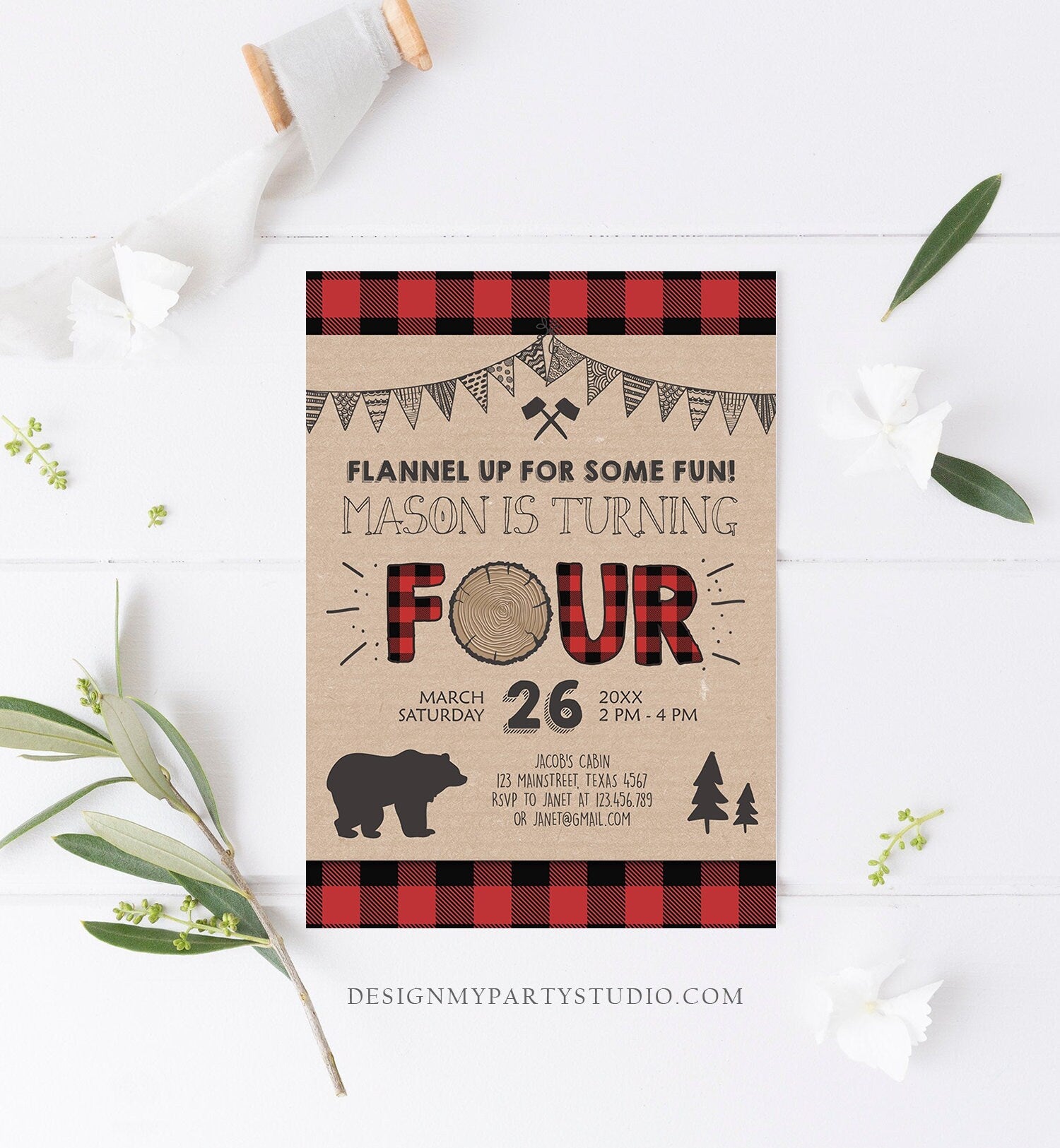 Editable Lumberjack 4th Birthday Invitation Rustic Woodland Bear Forest Buffalo Plaid Four Birthday Printable Template Digital Corjl 0026