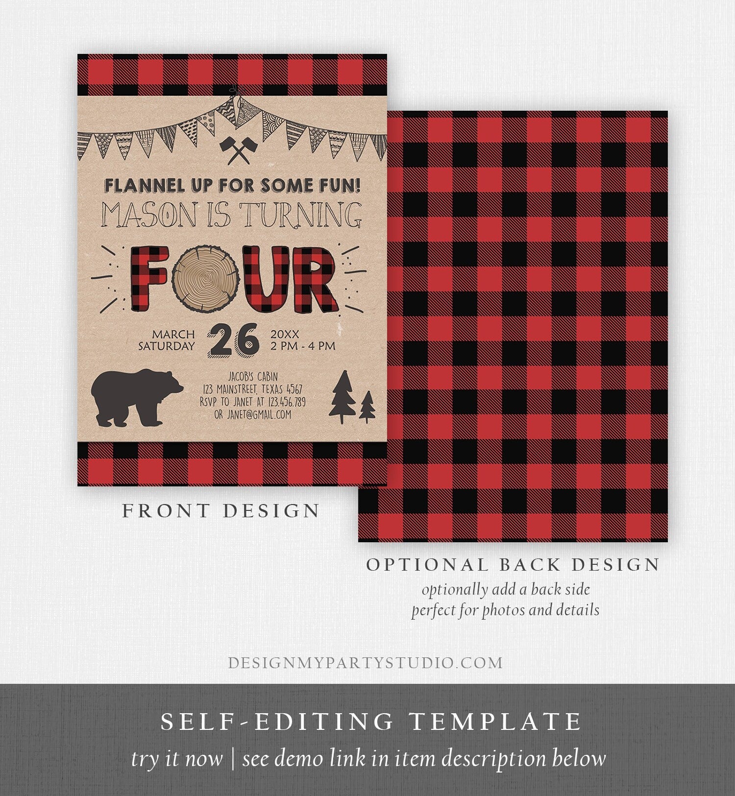 Editable Lumberjack 4th Birthday Invitation Rustic Woodland Bear Forest Buffalo Plaid Four Birthday Printable Template Digital Corjl 0026