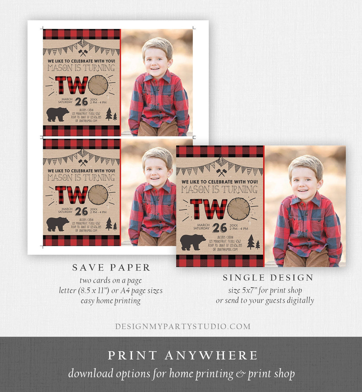 Editable 2nd Birthday Invitation Lumberjack Rustic Woodland Bear Forest Buffalo Plaid Four Birthday Printable Template Digital Corjl 0026