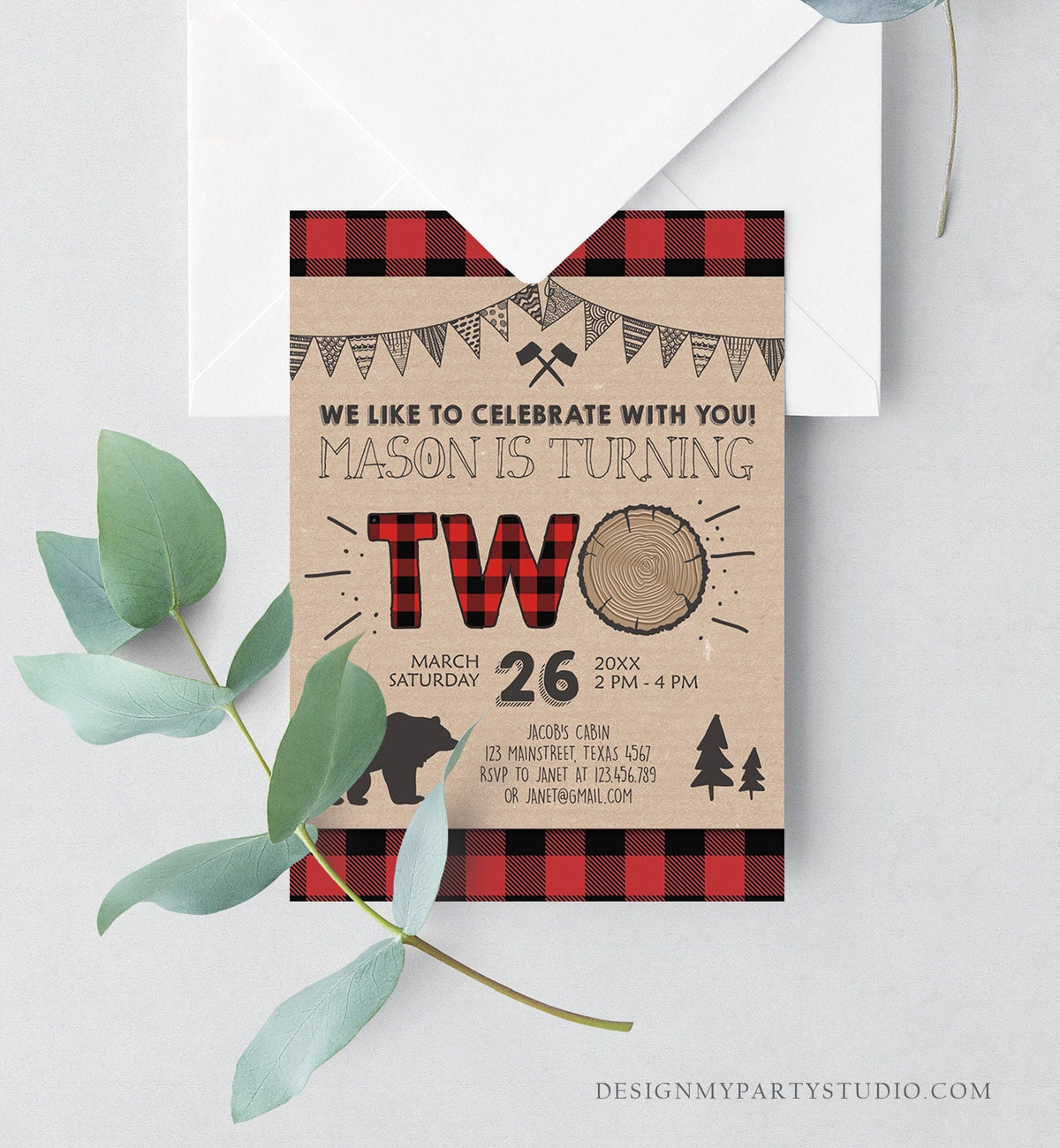 Editable 2nd Birthday Invitation Lumberjack Rustic Woodland Bear Forest Buffalo Plaid Four Birthday Printable Template Digital Corjl 0026
