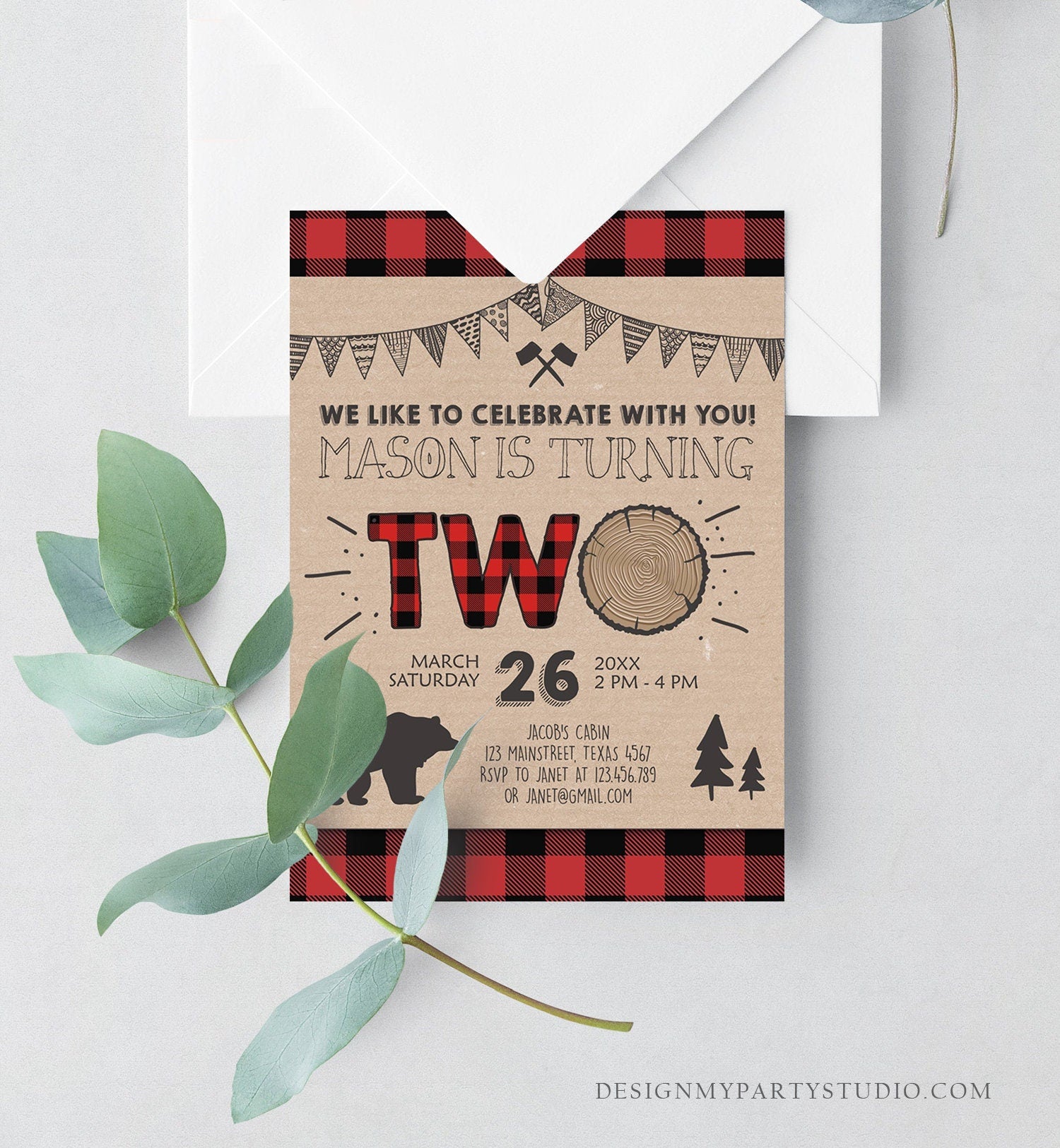 Editable 2nd Birthday Invitation Lumberjack Rustic Woodland Bear Forest Buffalo Plaid Four Birthday Printable Template Digital Corjl 0026