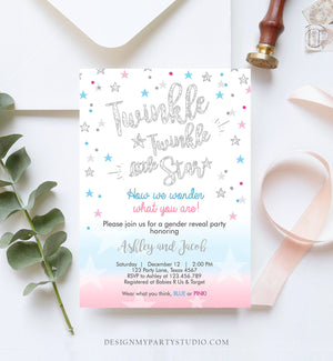Editable Gender Reveal Invitation Baby Shower Twinkle Twinkle Little Star Blue or Pink He or She Silver Pink Blue Corjl Template 0235