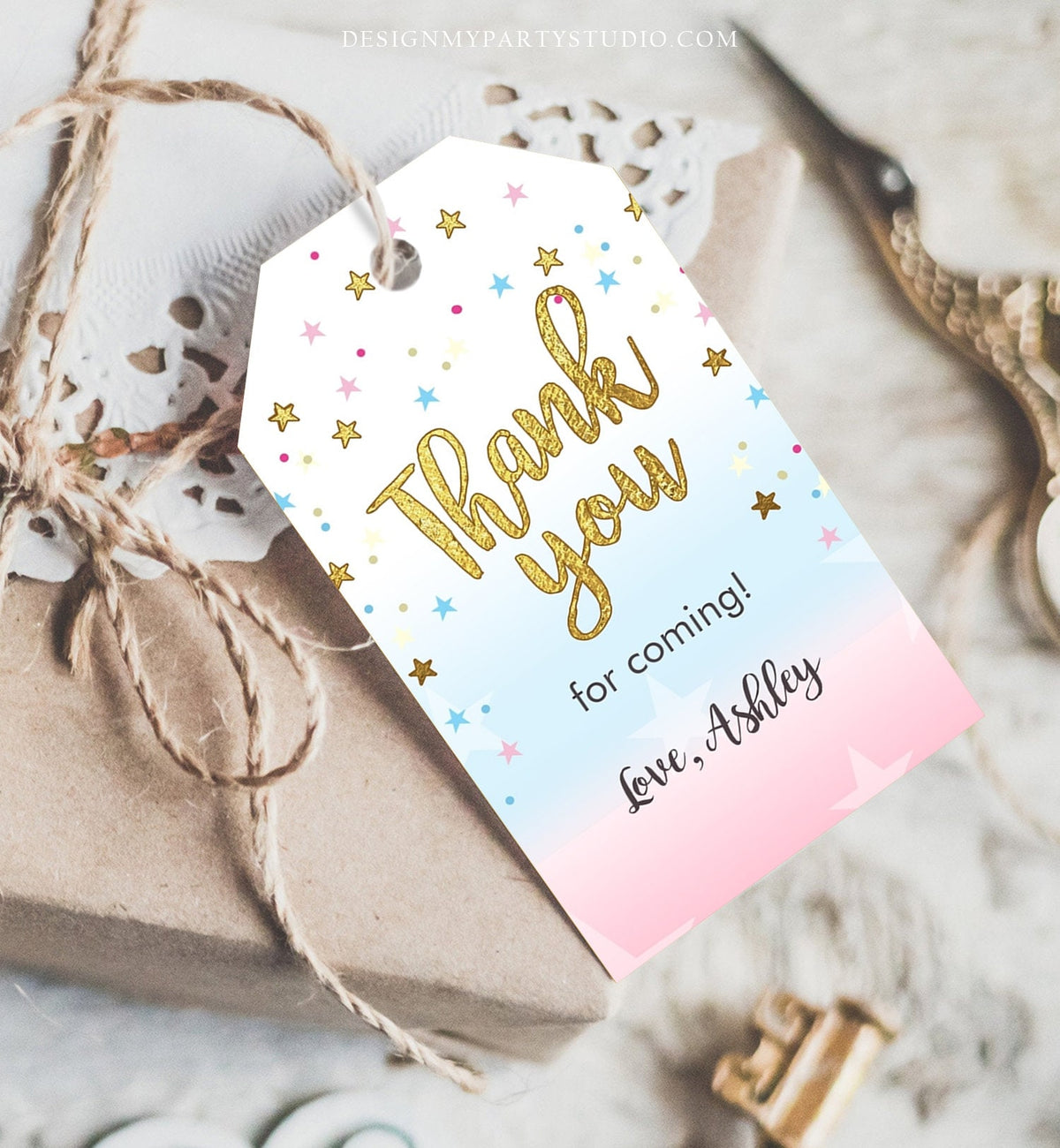 Editable Thank you Tags Little Star Baby Shower Favor tags Twinkle Twinkle Gender Reveal Gold Pink Blue He or She Corjl Template 0235