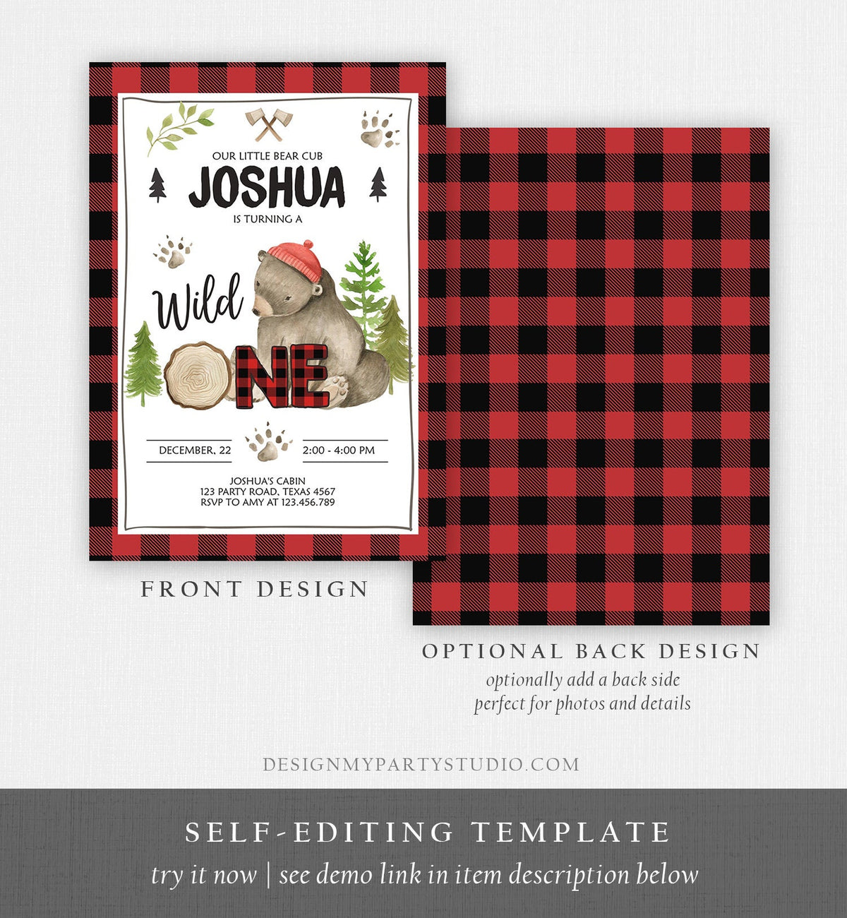 Editable Lumberjack Wild One Birthday Invitation First Birthday Forest Trees Red Plaid Outdoor Bear Boy 1st Printable Corjl Template 0026