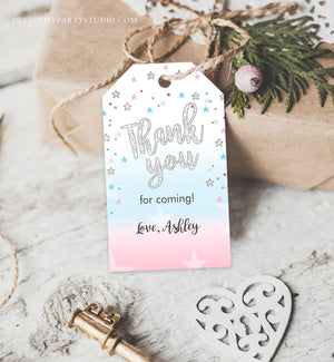 Editable Thank you Tags Little Star Baby Shower Favor tags Twinkle Twinkle Gender Reveal Silver Pink Blue He or She Corjl Template 0235