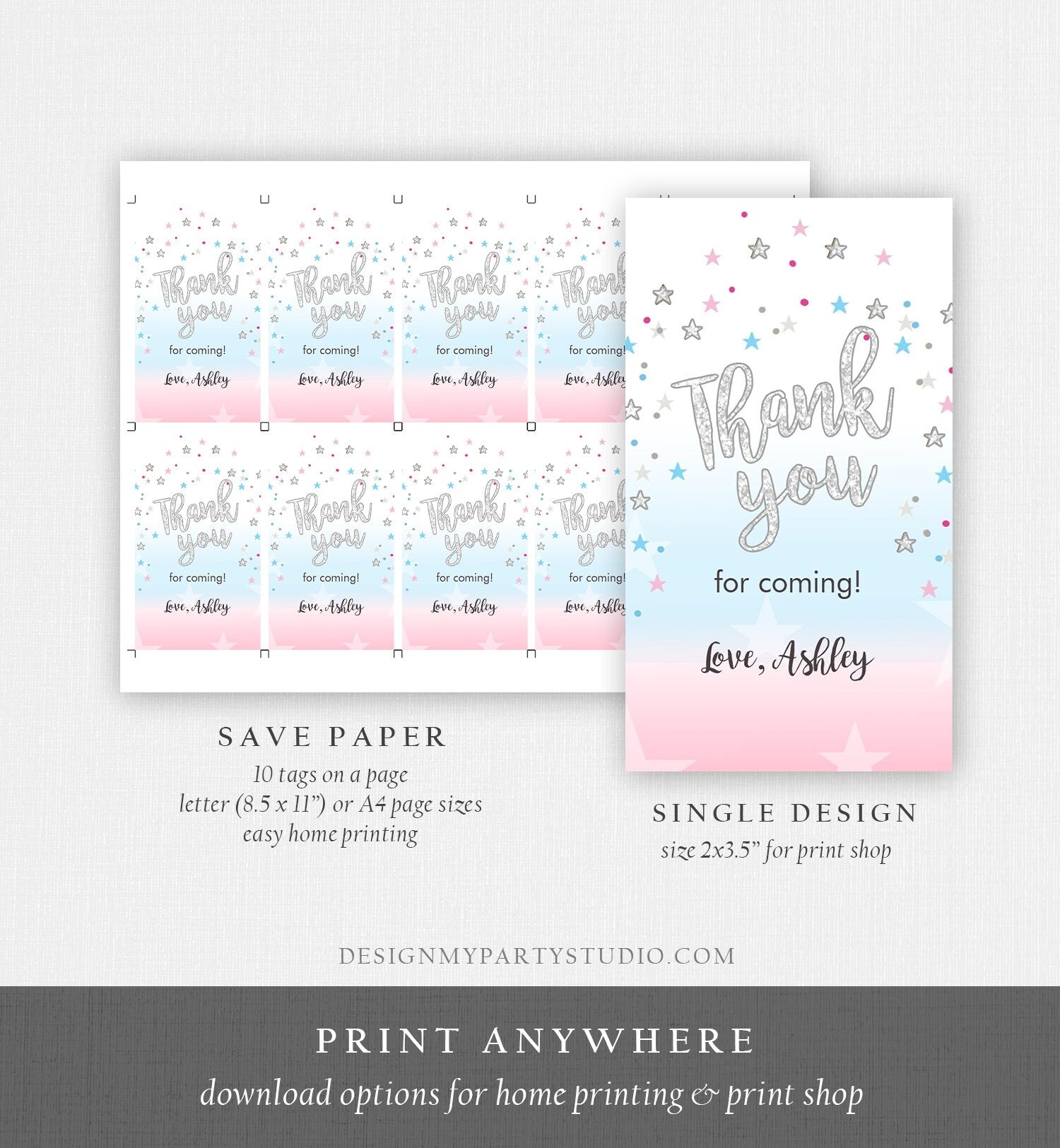 Editable Thank you Tags Little Star Baby Shower Favor tags Twinkle Twinkle Gender Reveal Silver Pink Blue He or She Corjl Template 0235