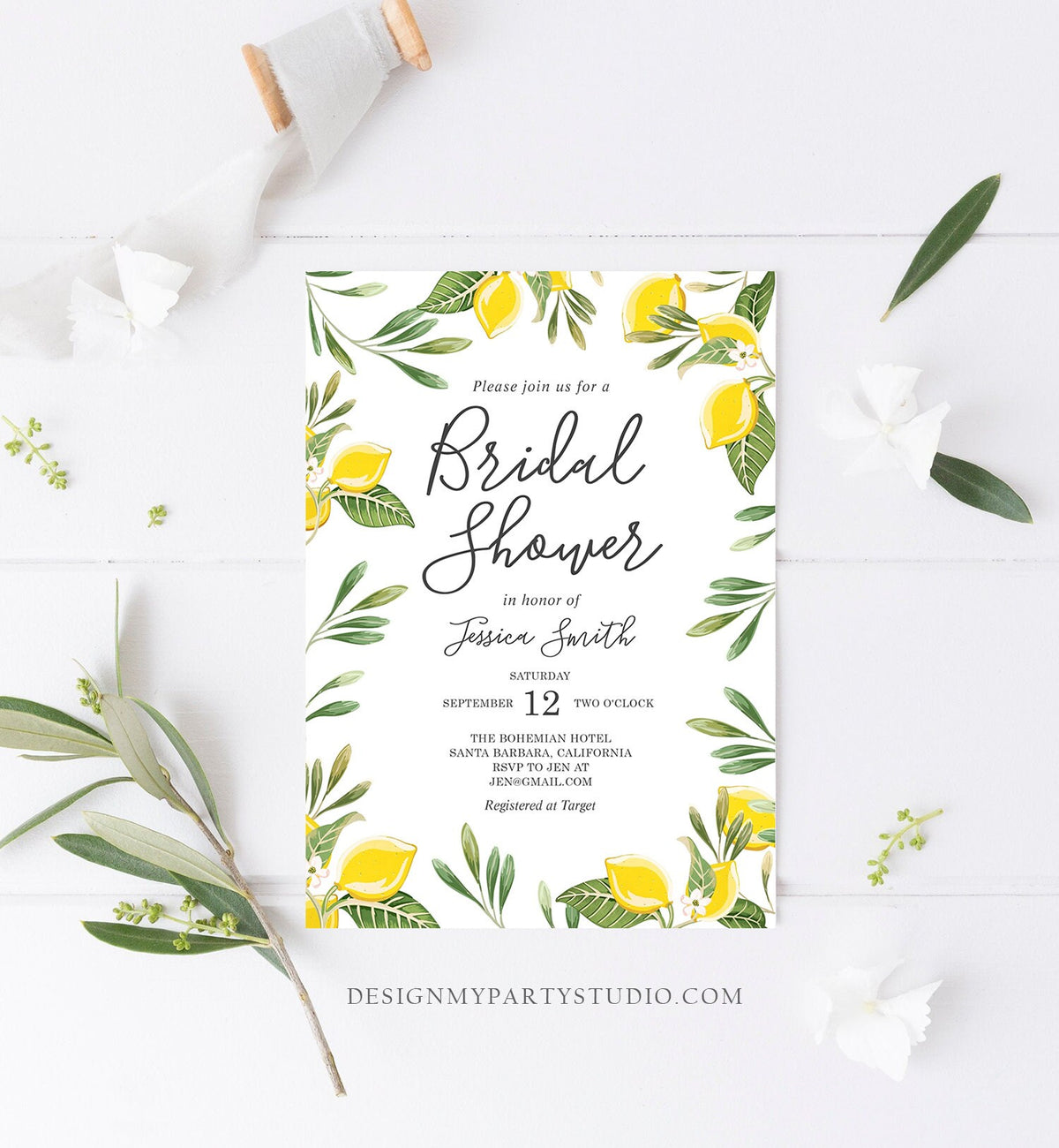 Editable Lemon Bridal Shower Invitation Bohemian Citrus Rustic Greenery Summer Wedding Lemonade Download Corjl Template Printable 0220