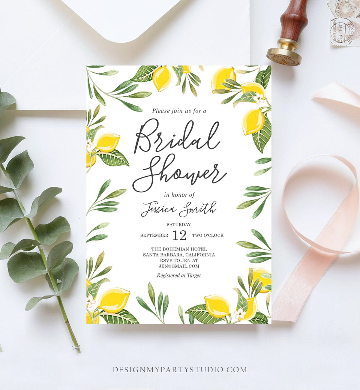 Editable Lemon Bridal Shower Invitation Bohemian Citrus Rustic Greenery Summer Wedding Lemonade Download Corjl Template Printable 0220